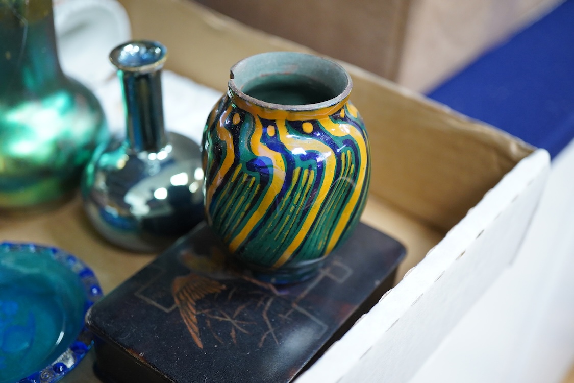 A collection of sundry items to include a carved bust of Nefertiti, crystal specimens, Roman style vase with trailed decoration and a table bell
